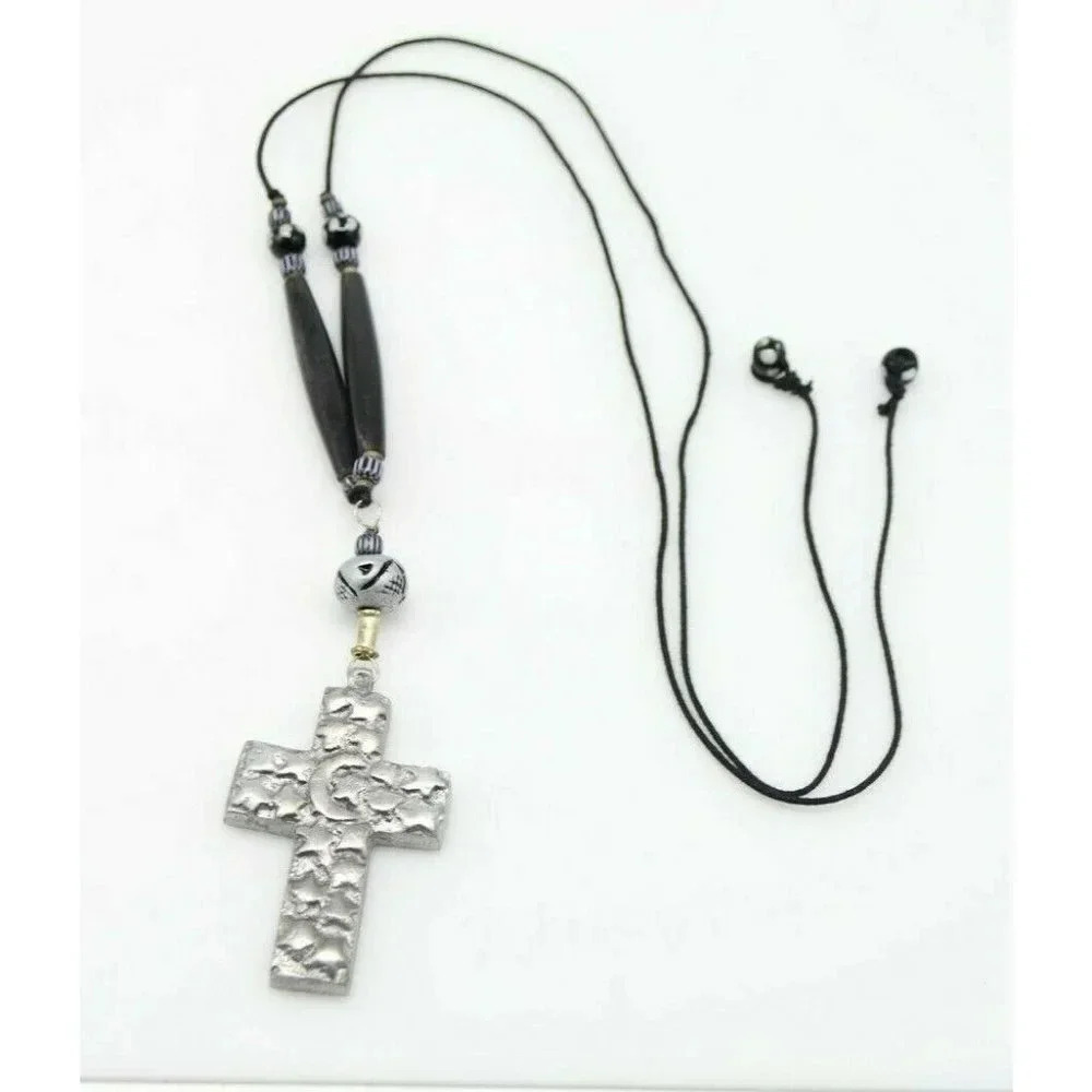 Moon Star Celestial Crucifix Silver Tone Art Glass